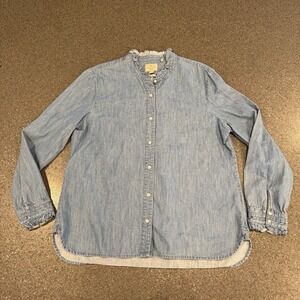 Barbour Chambray Denim Women's Ruffle Neck Button Up Shirt ‎ Size 12